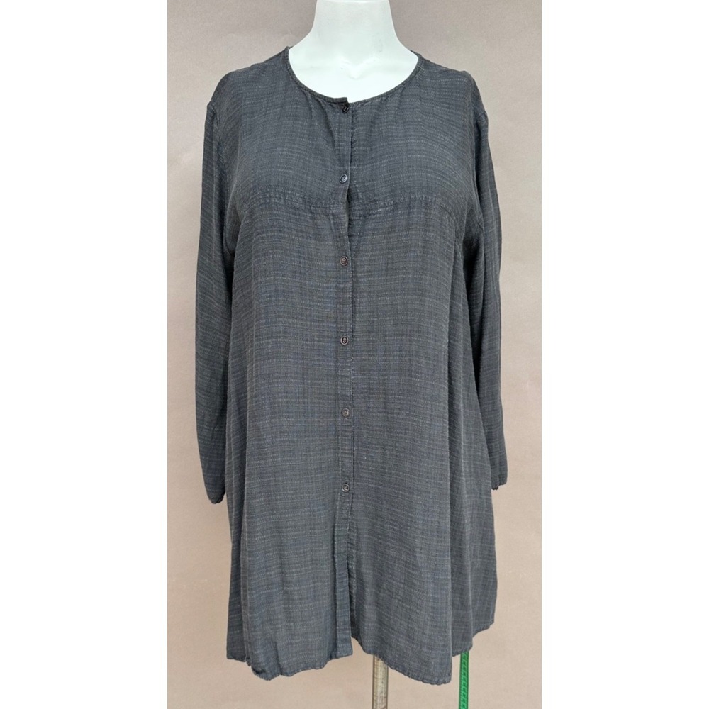 Eileen Fisher Tunic Top Linen Blend Button Front L  Gray Lagenlook Minimalist